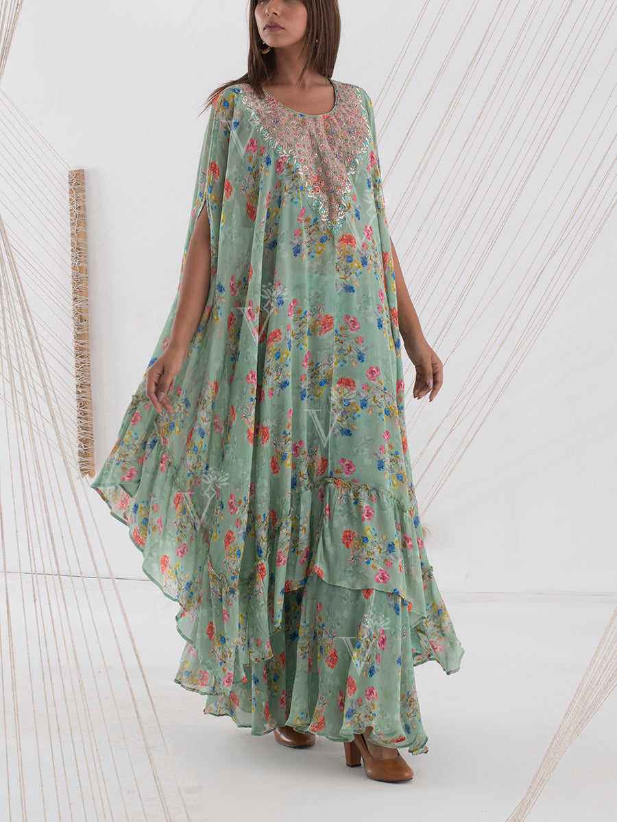 Sage Green Floral Cape Sharara Set