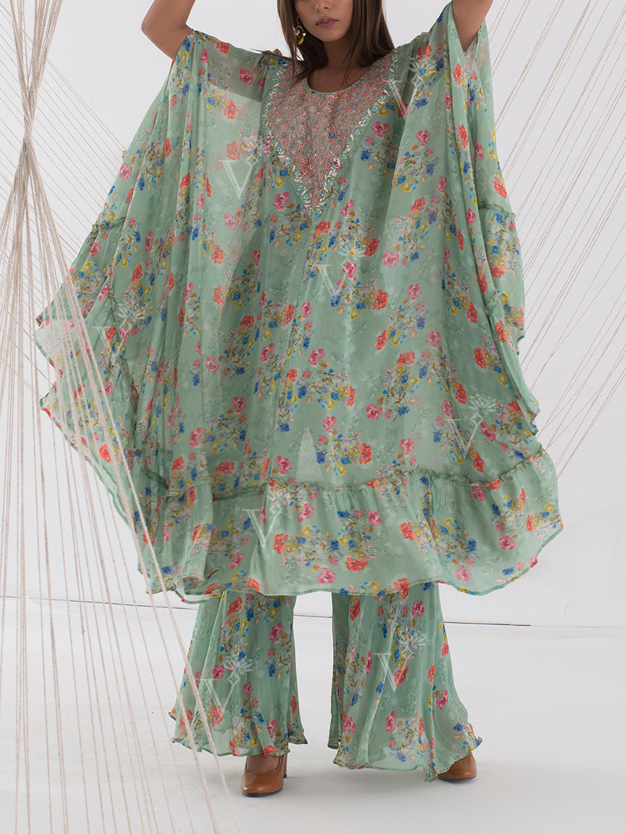 Sage Green Floral Cape Sharara Set