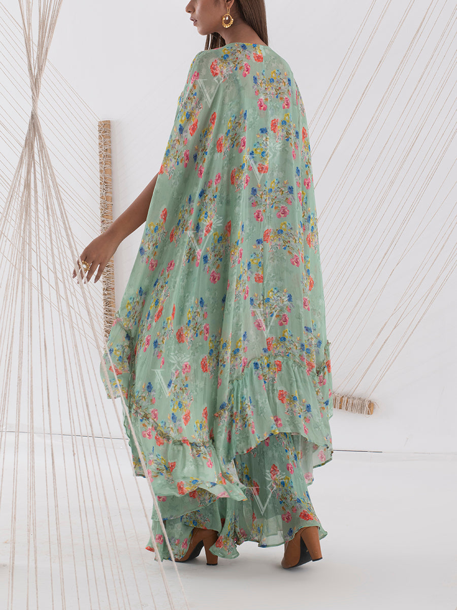 Sage Green Floral Cape Sharara Set