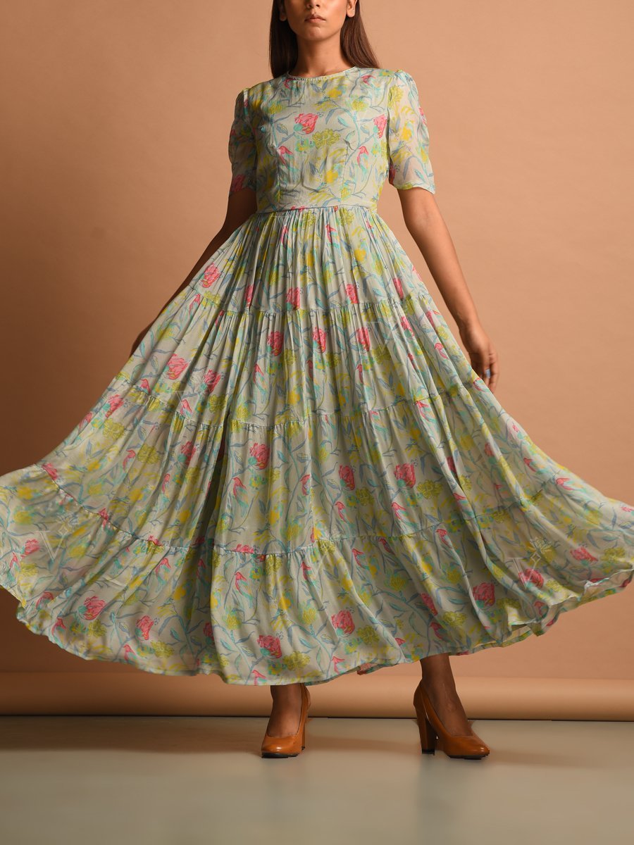 Powder Blue Chiffon Printed Floral Dress