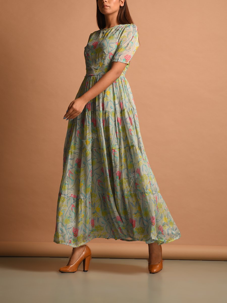 Powder Blue Chiffon Printed Floral Dress