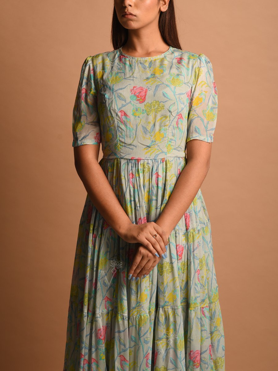 Powder Blue Chiffon Printed Floral Dress