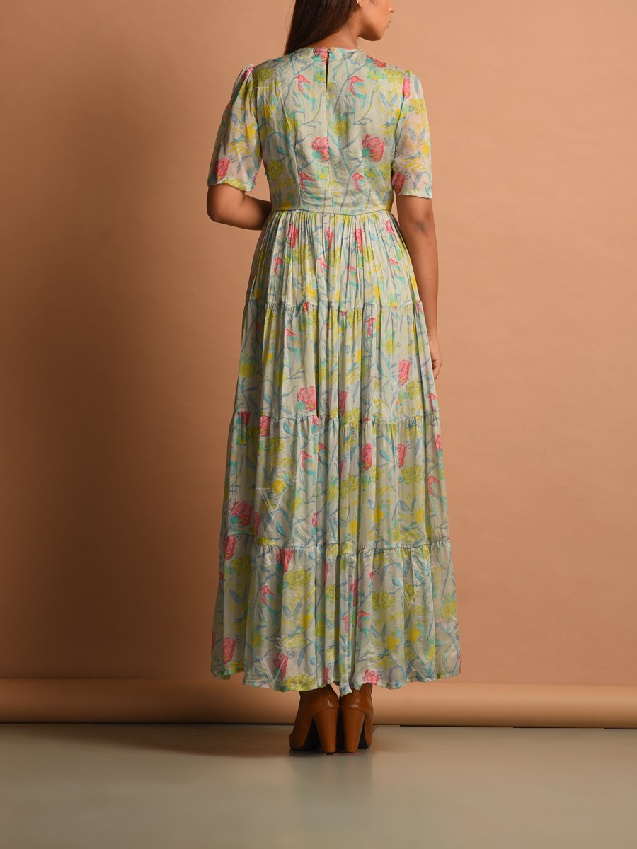 Powder Blue Chiffon Printed Floral Dress