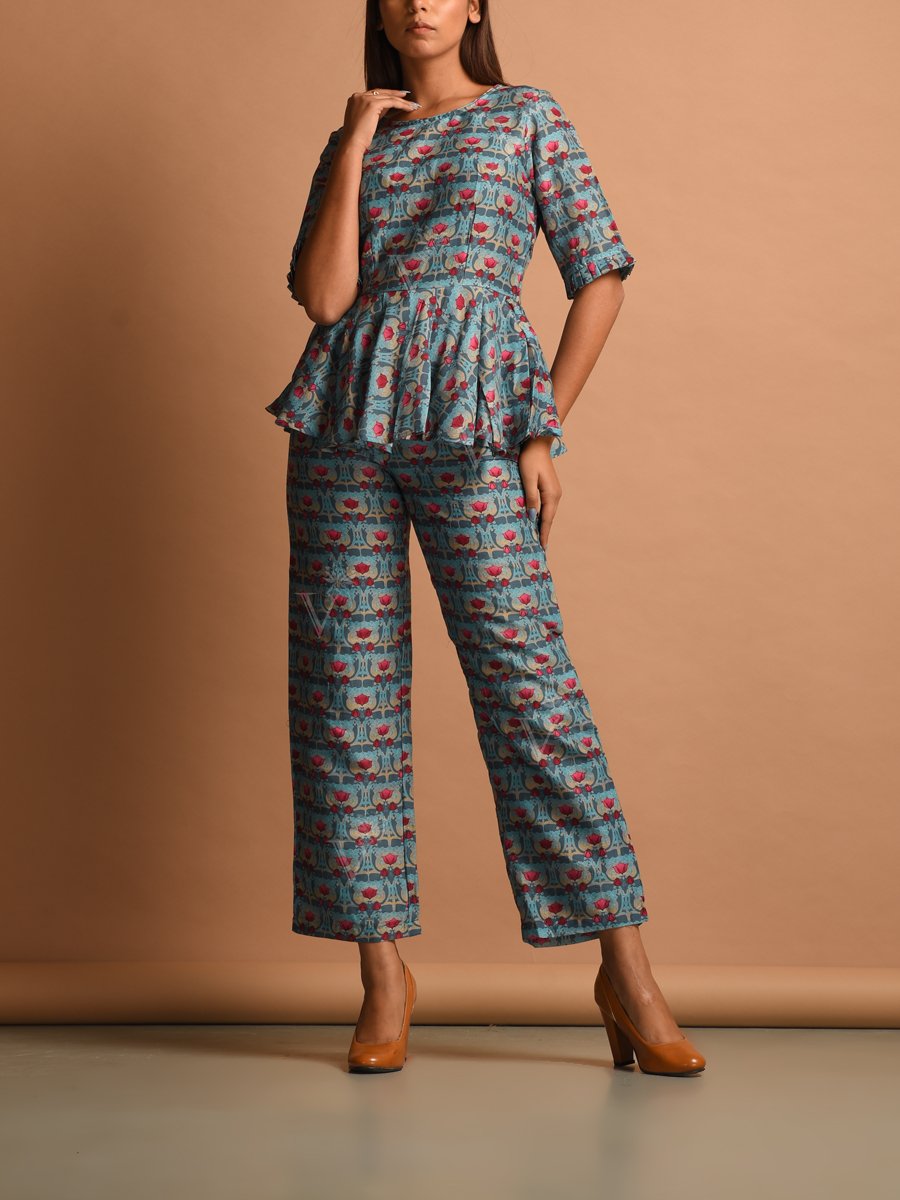 Blue Silk Printed Co-ord Set
