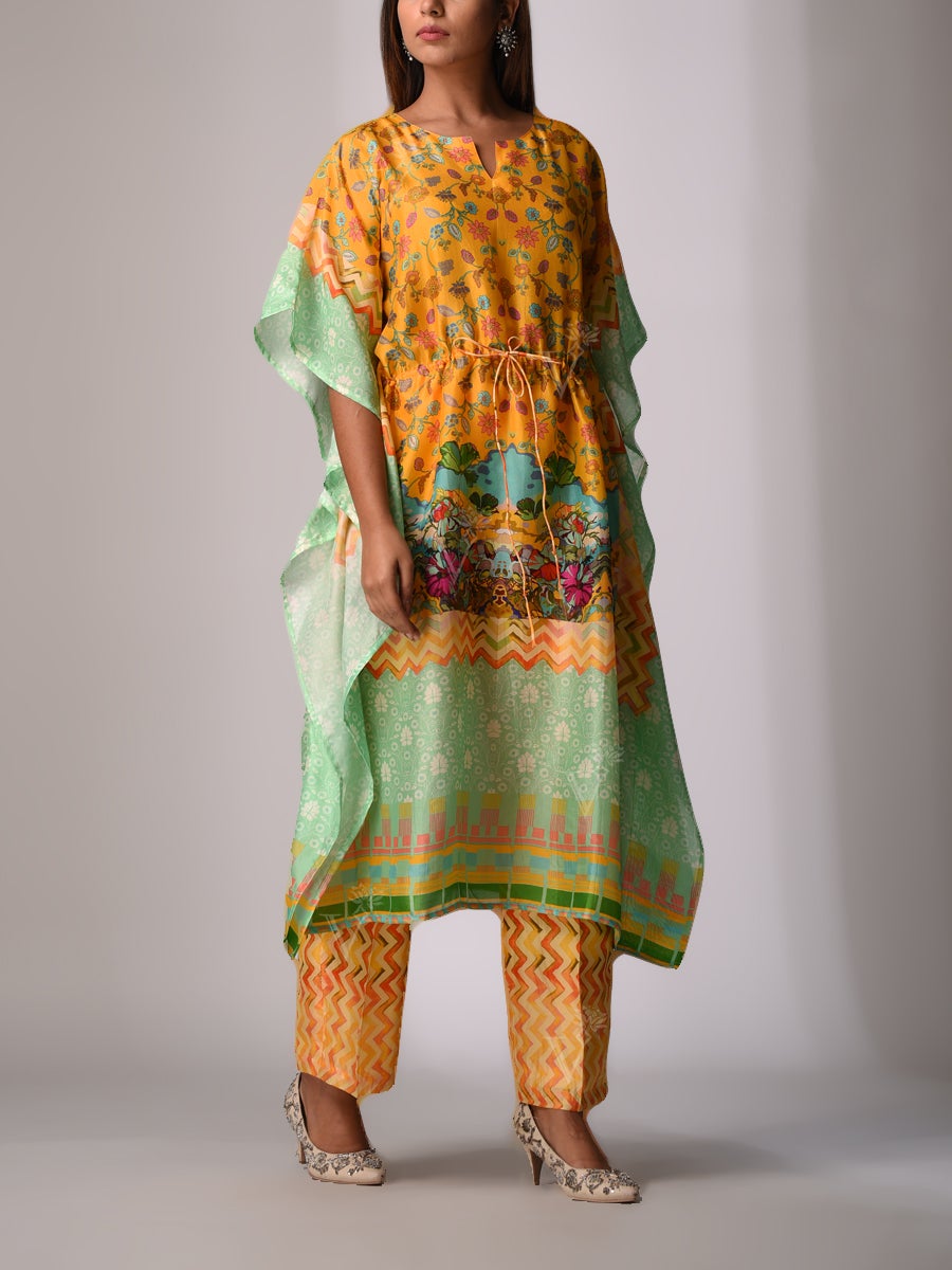 Mustard Bemberg Silk Kaftan Set