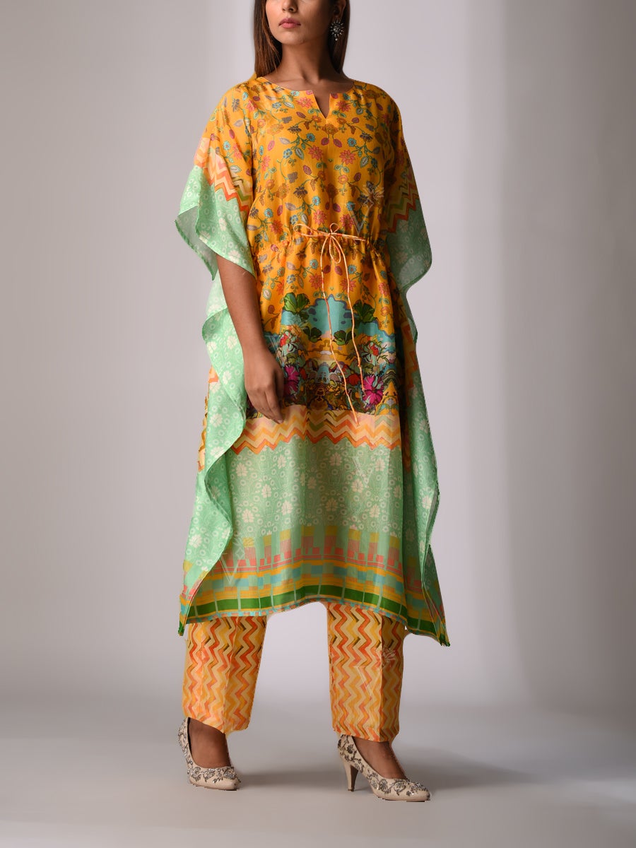 Mustard Bemberg Silk Kaftan Set