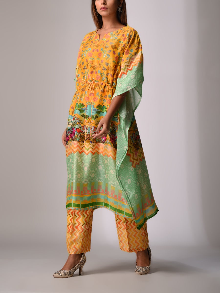 Mustard Bemberg Silk Kaftan Set