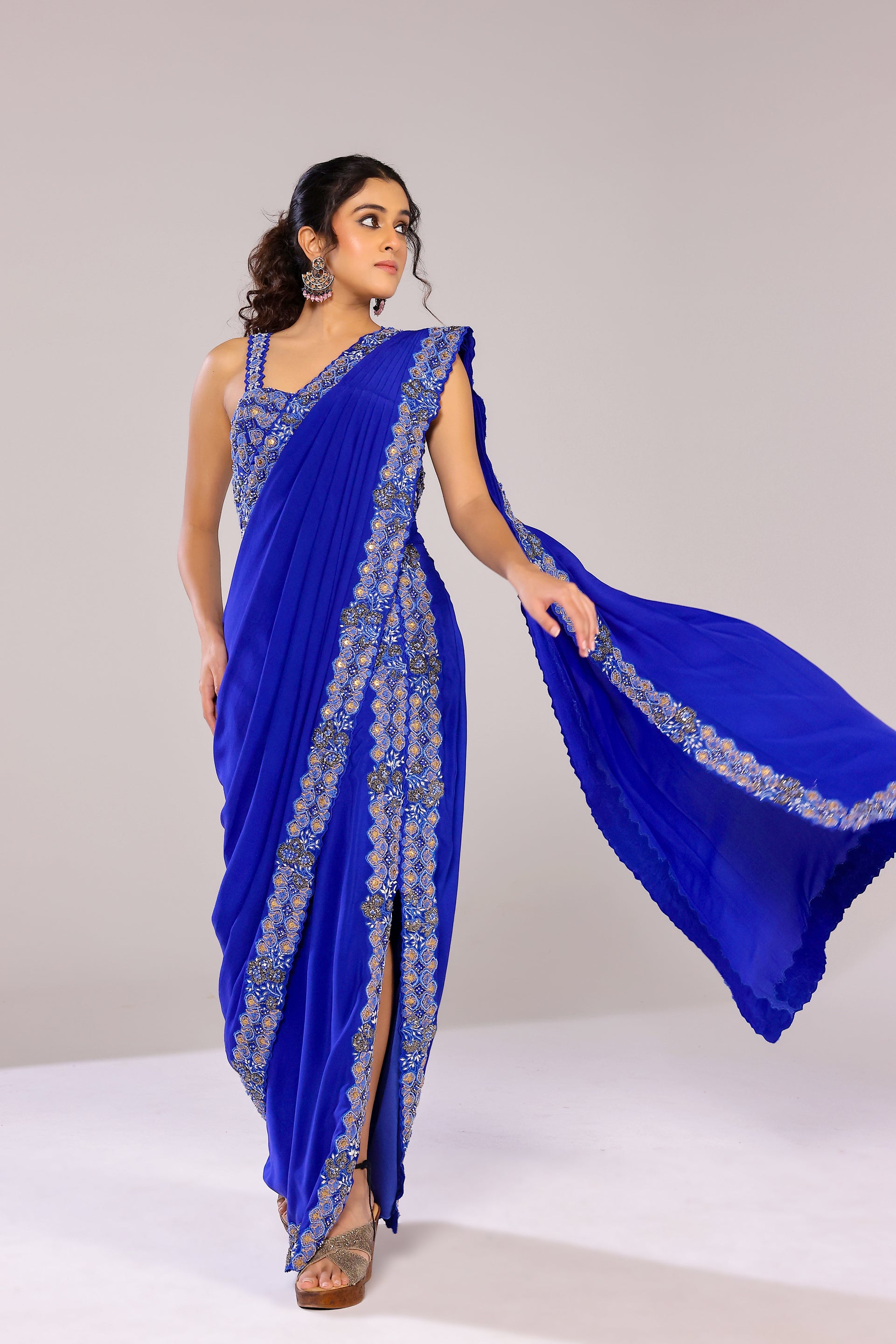 Blue draped saree