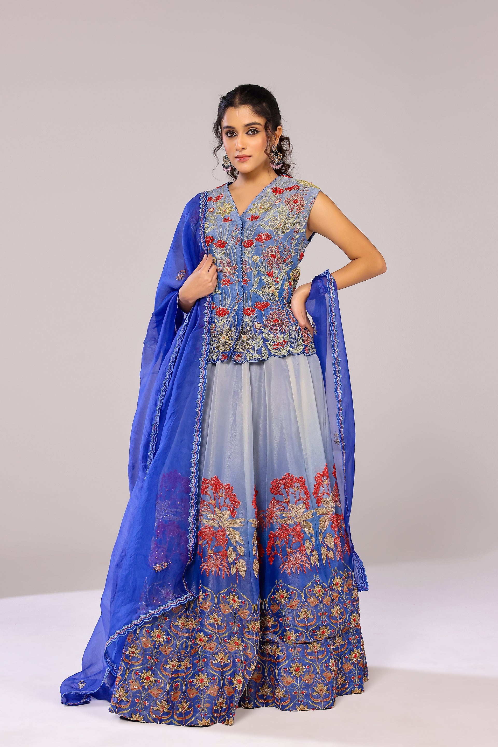Ombré blue lehenga and waist coat with dupatta