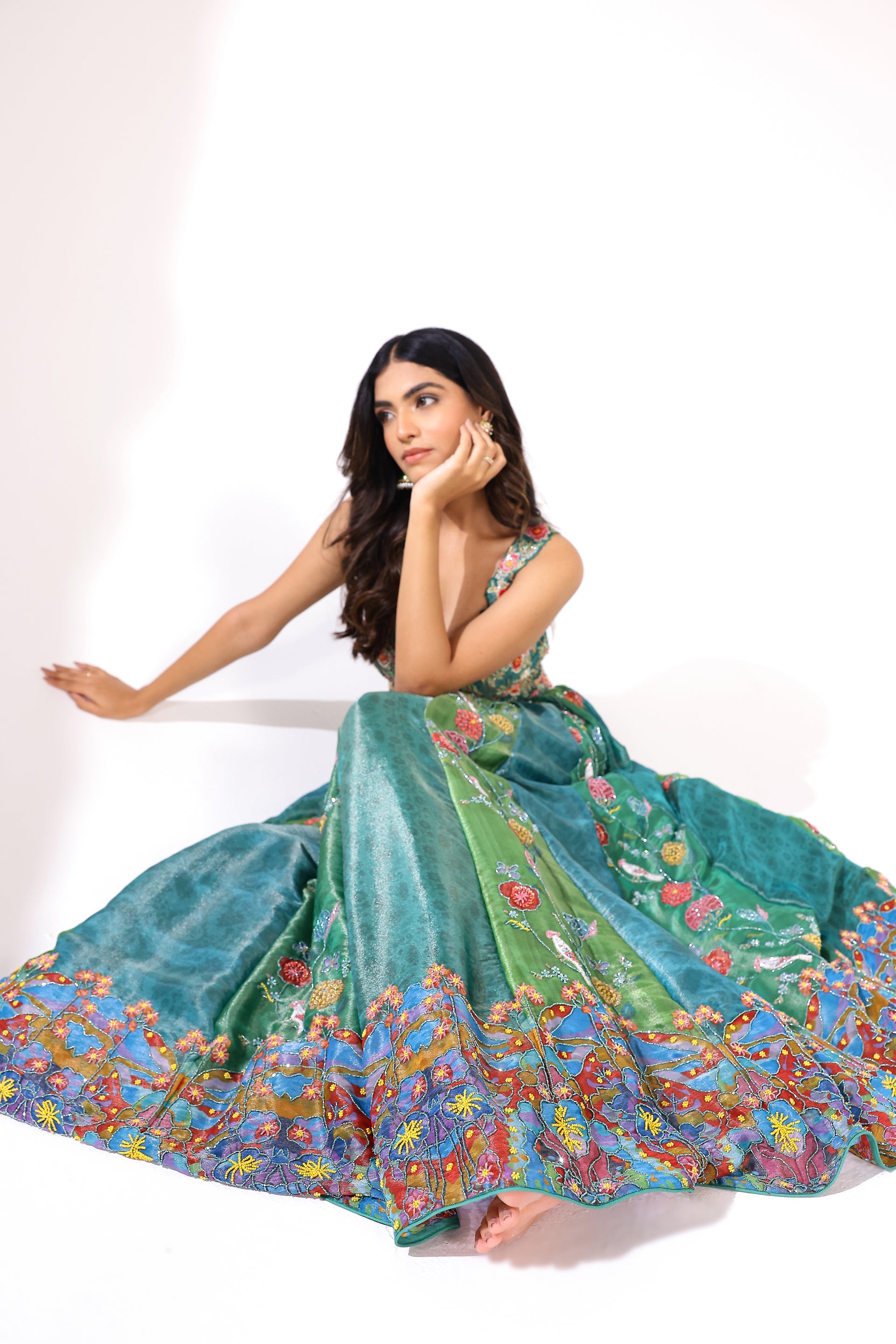 Green multicoloured lehenga set