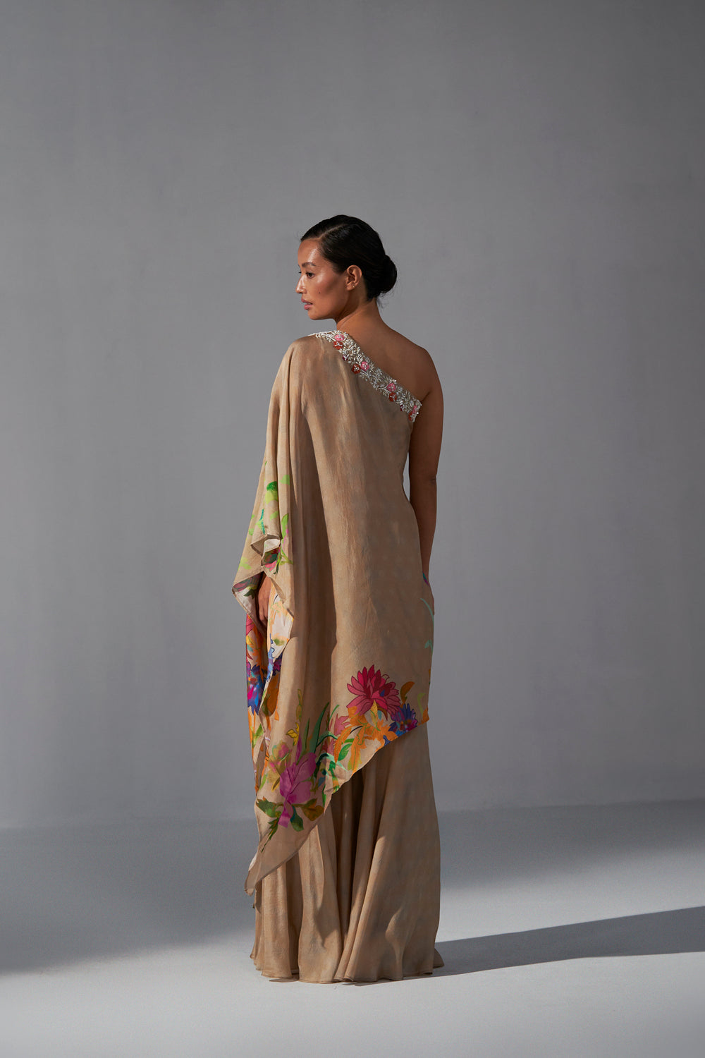 Nut Brown floral printed one shoulder asymmetric  top with sharara