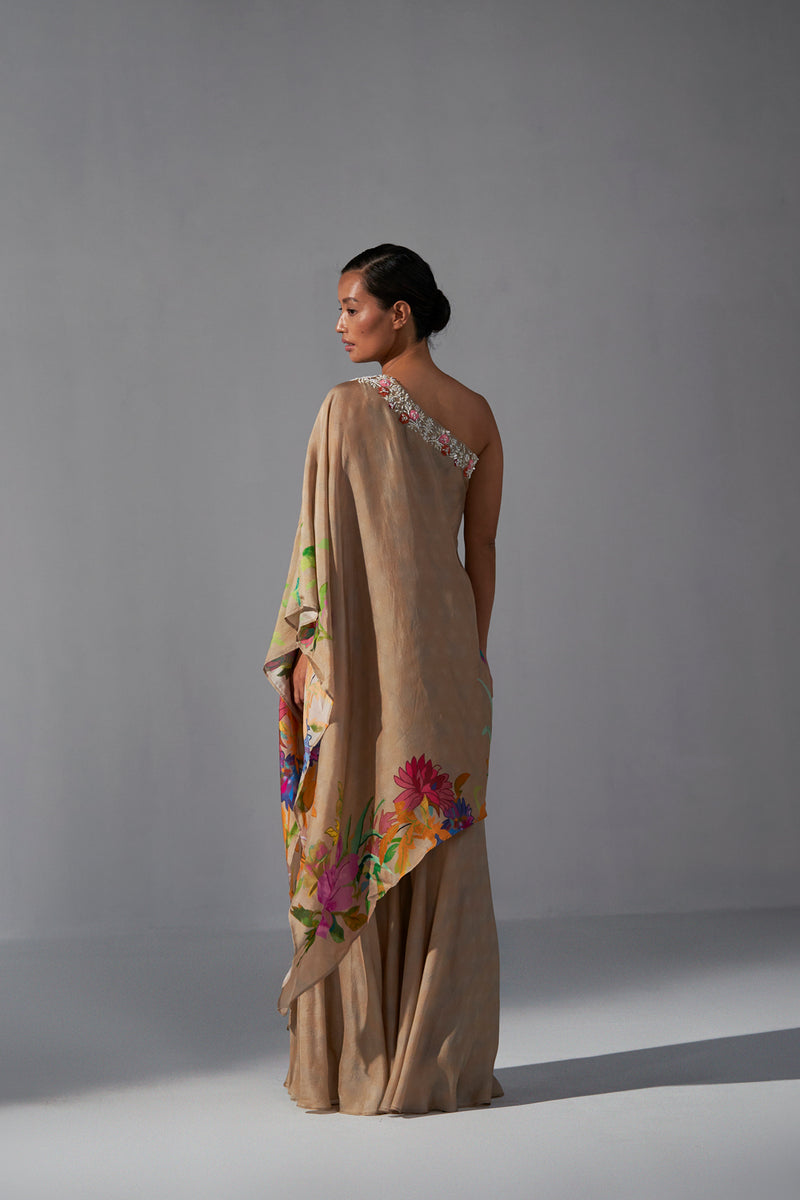 Nut Brown floral printed one shoulder asymmetric  top with sharara