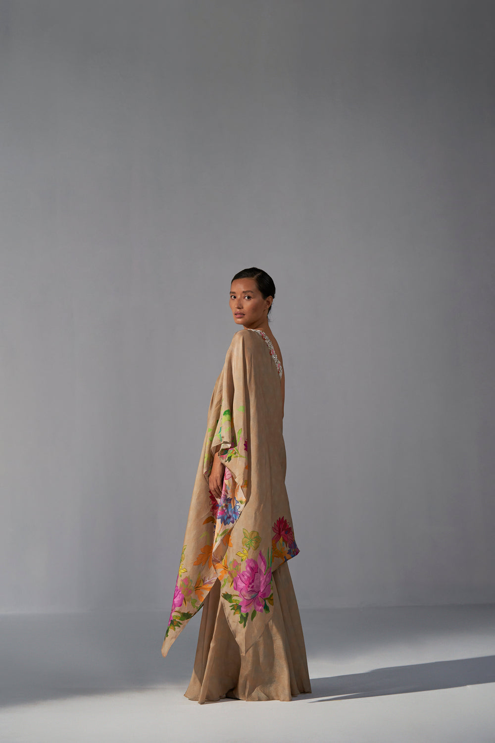 Nut Brown floral printed one shoulder asymmetric  top with sharara