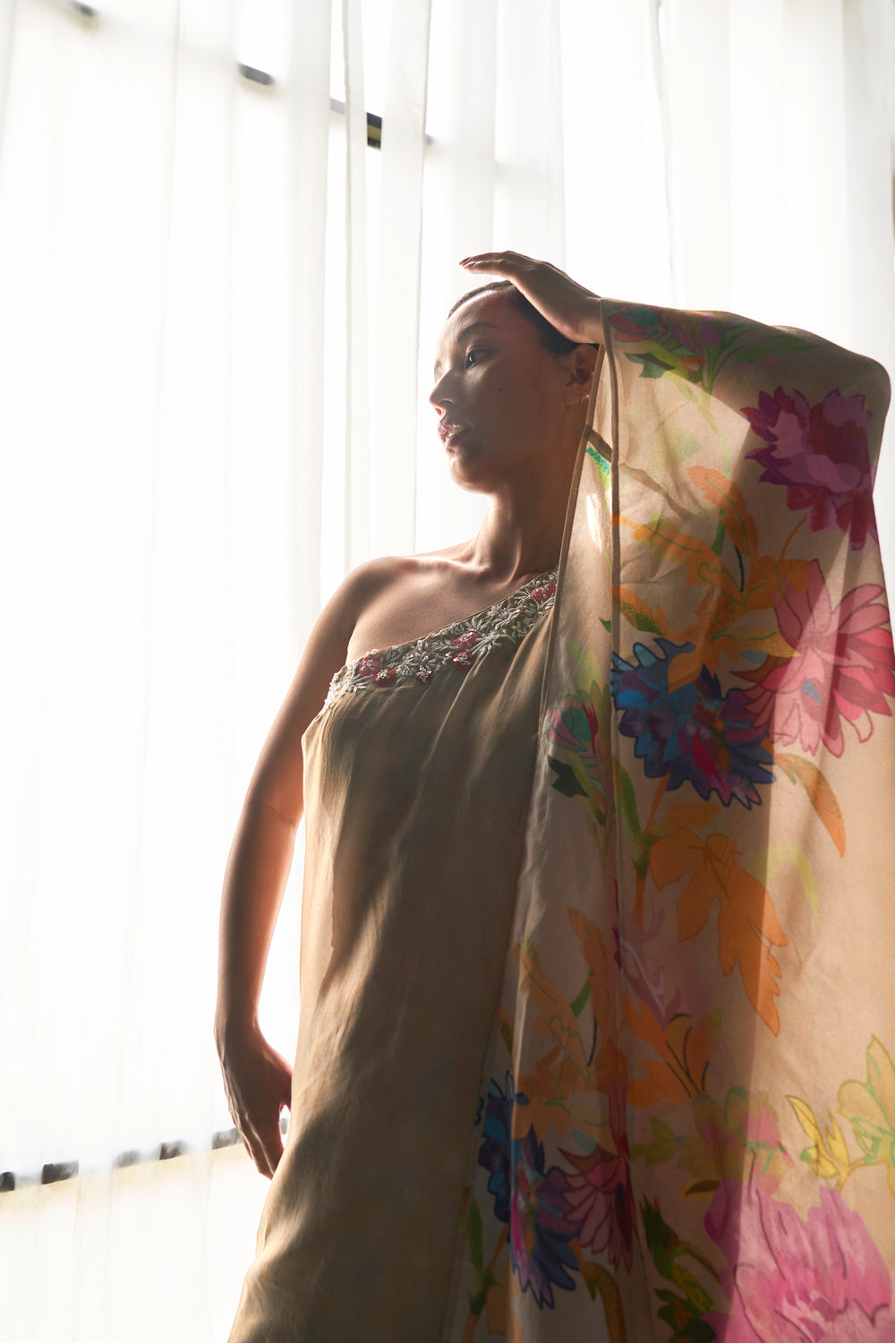 Nut Brown floral printed one shoulder asymmetric  top with sharara