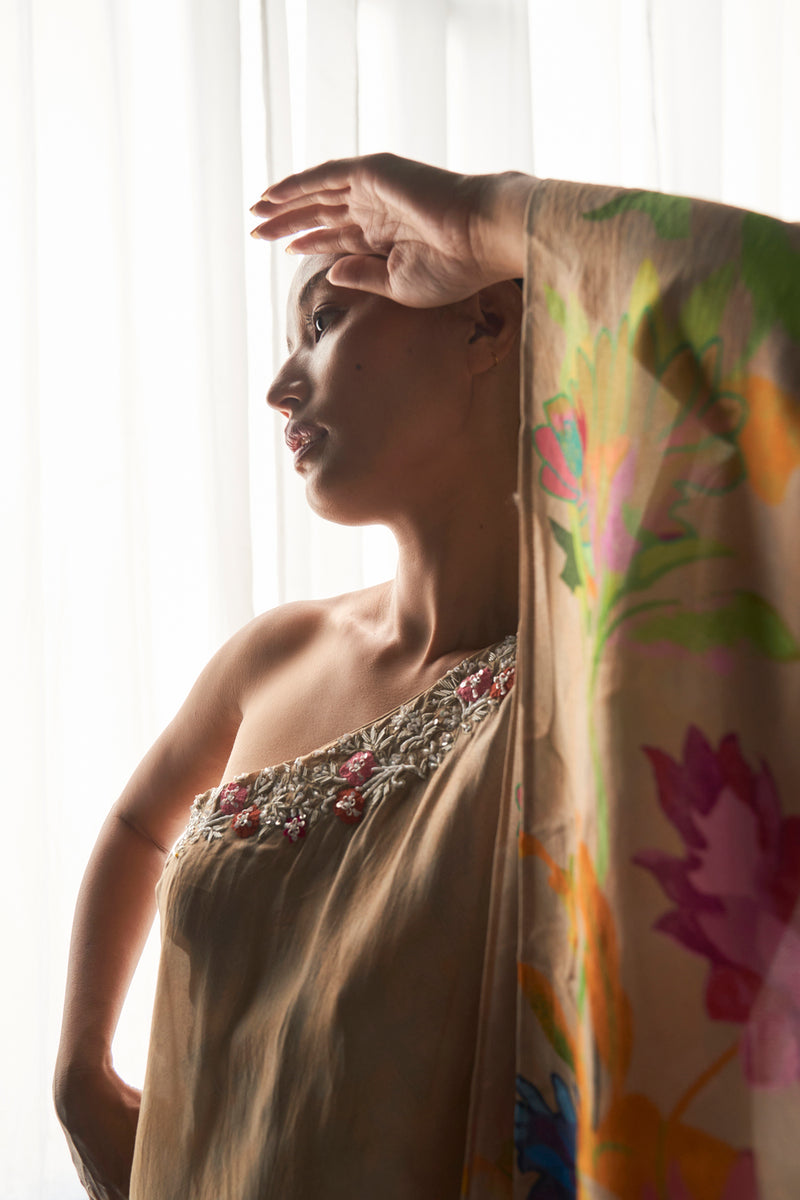 Nut Brown floral printed one shoulder asymmetric  top with sharara