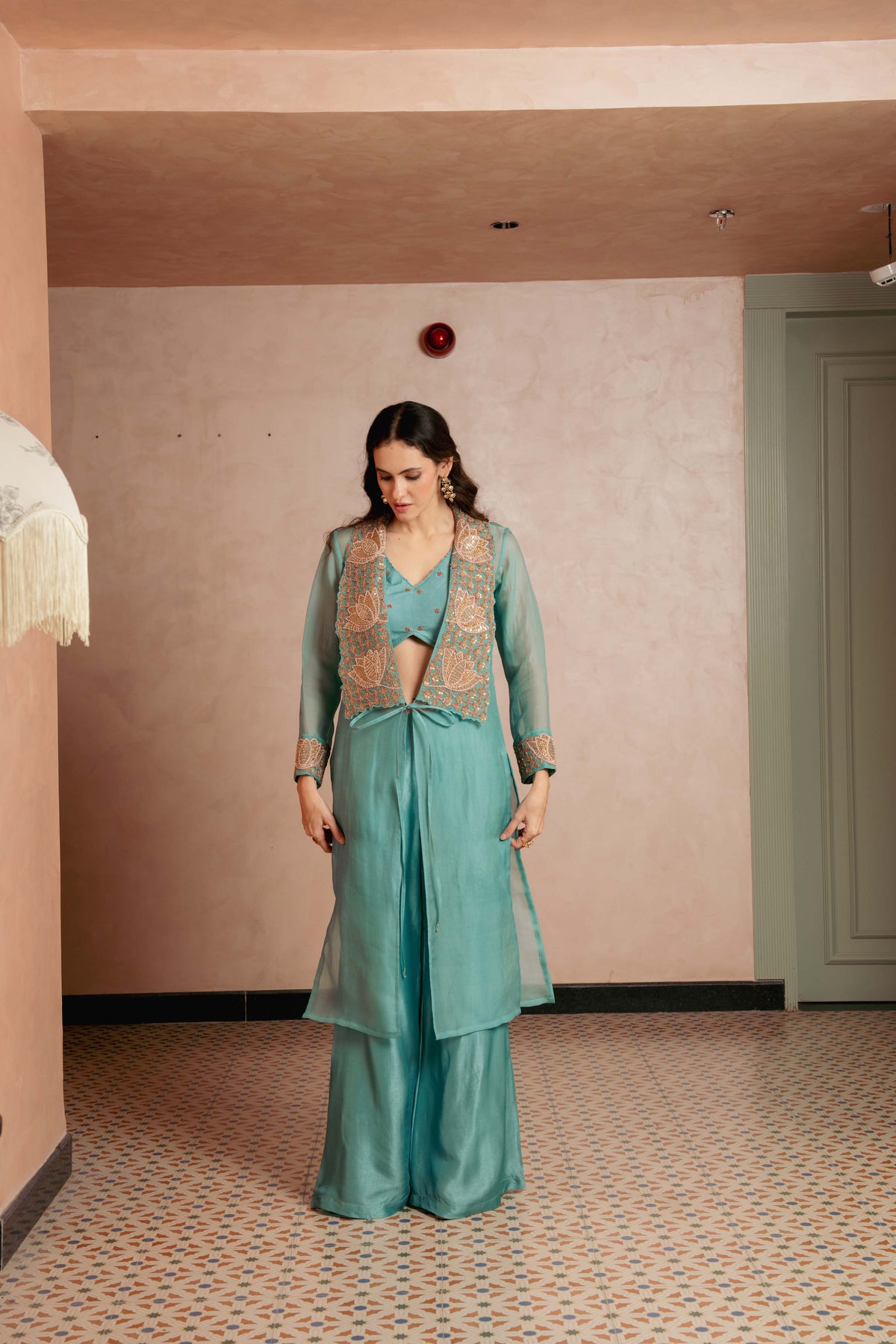 Embroidered Collar Aqua Indo Western
