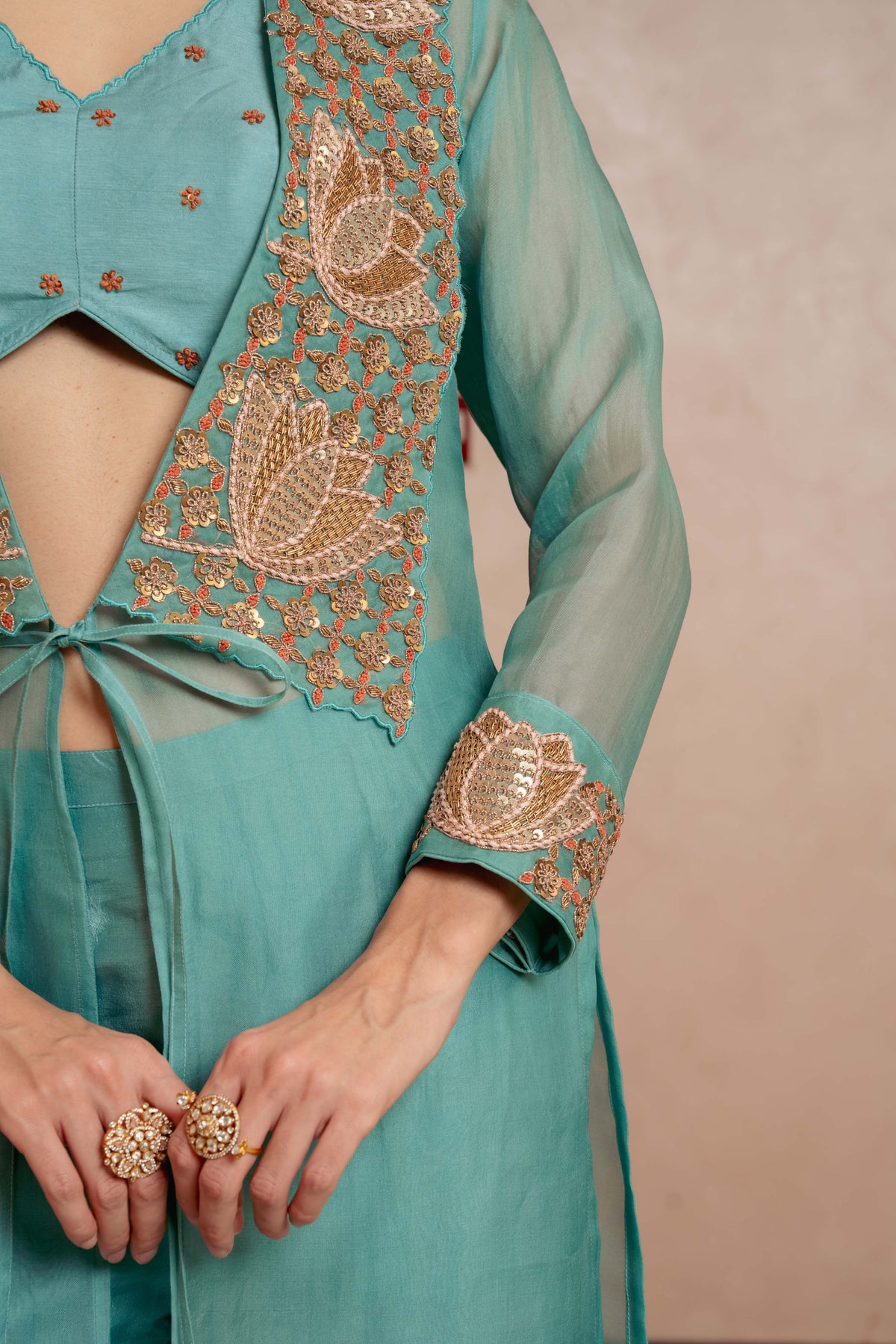 Embroidered Collar Aqua Indo Western