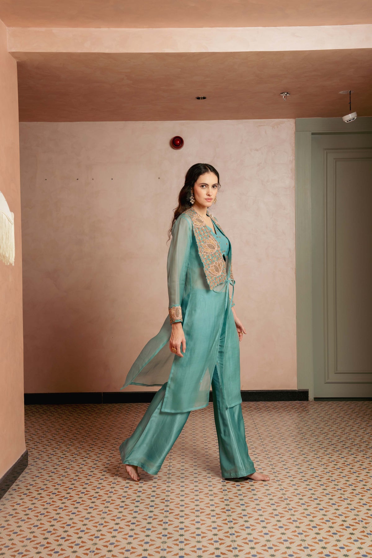 Embroidered Collar Aqua Indo Western
