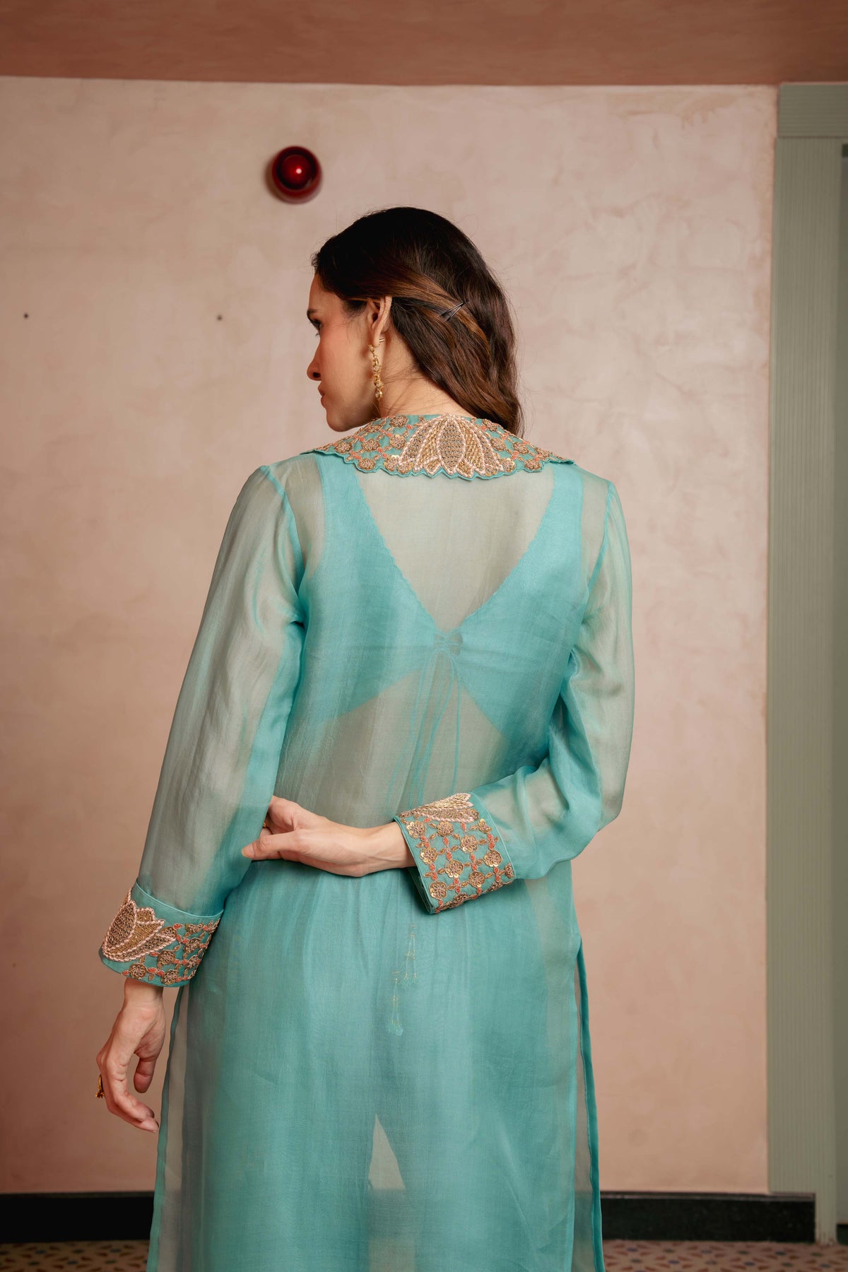 Embroidered Collar Aqua Indo Western