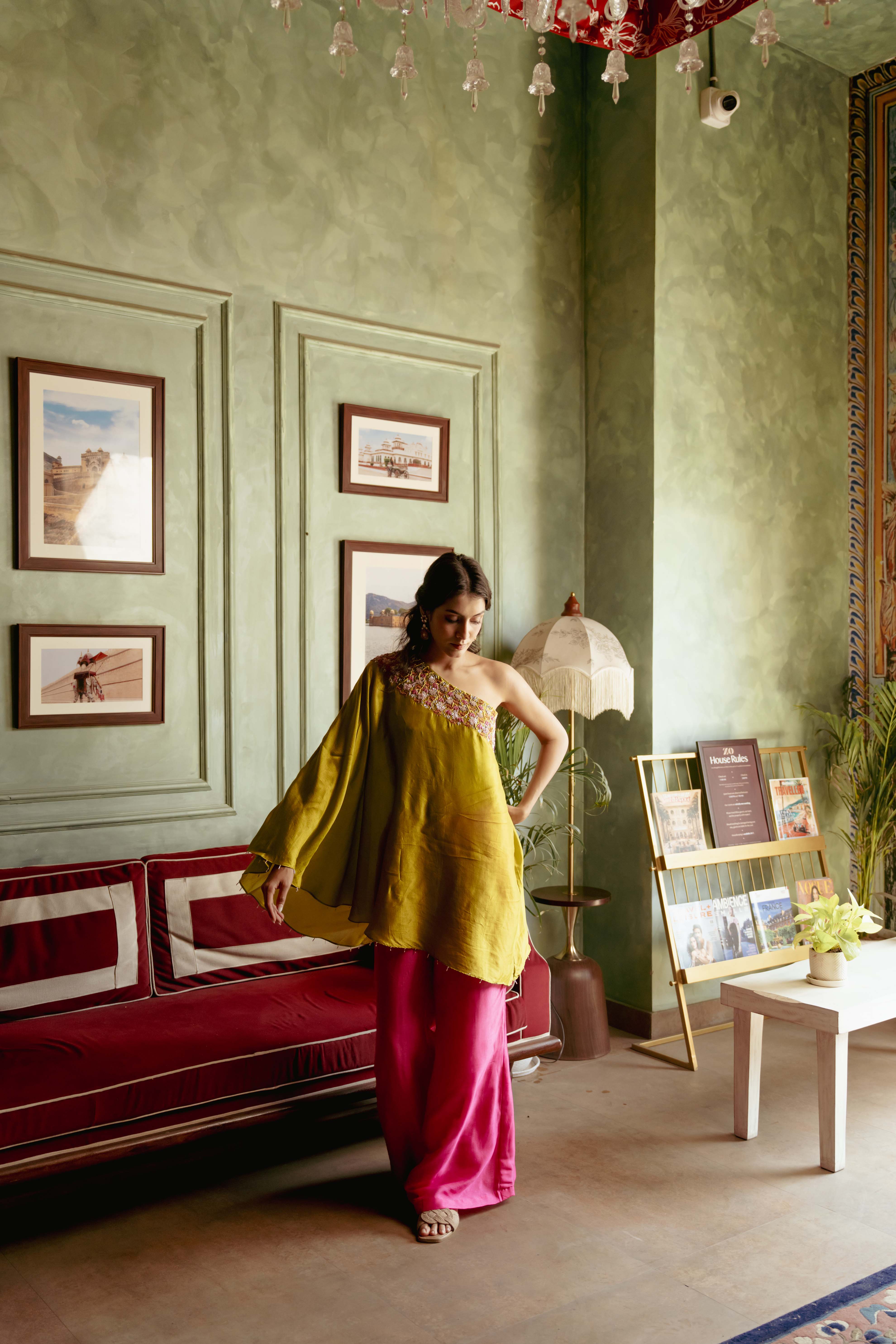 Lime green one shoulder and palazzo