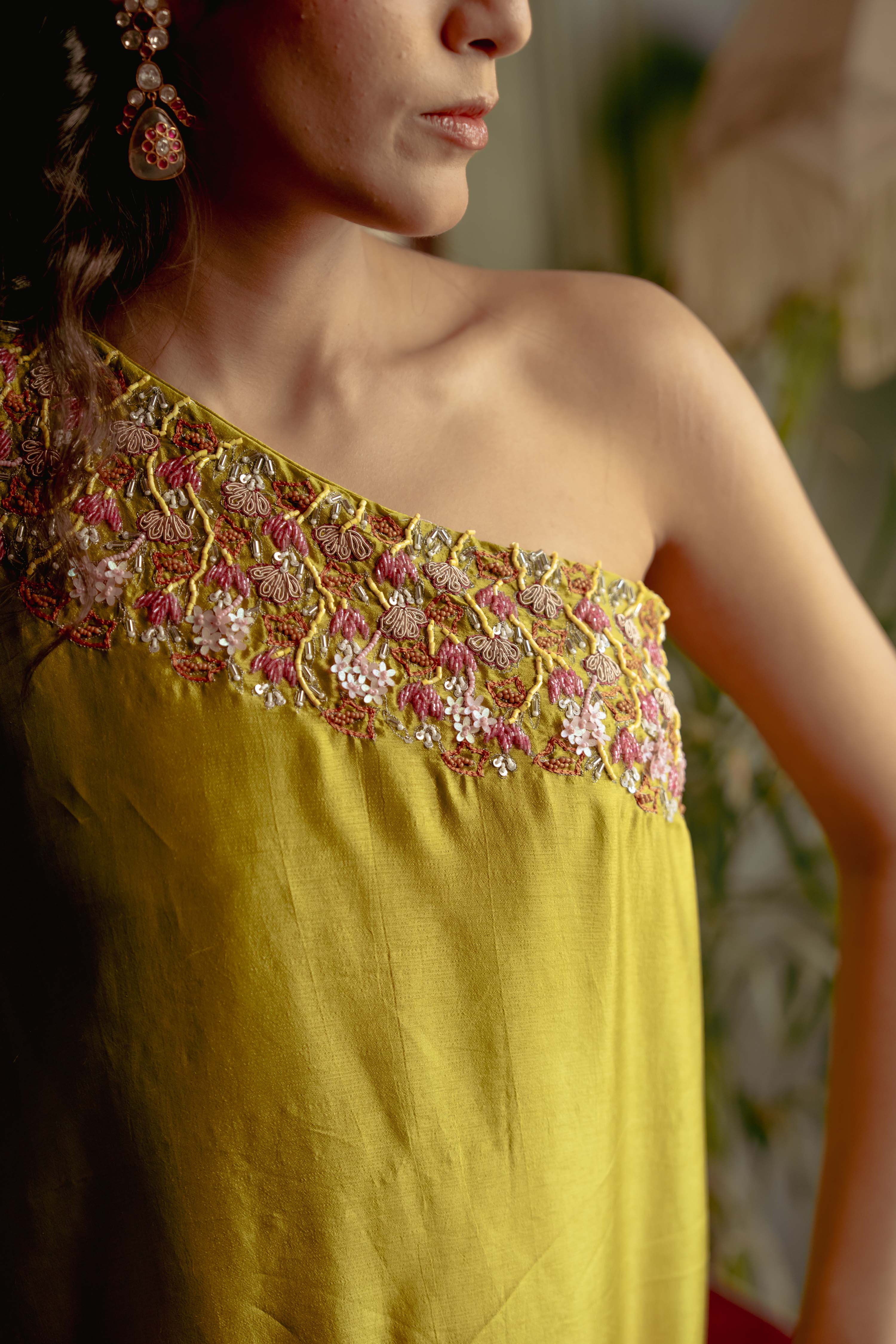Lime green one shoulder and palazzo