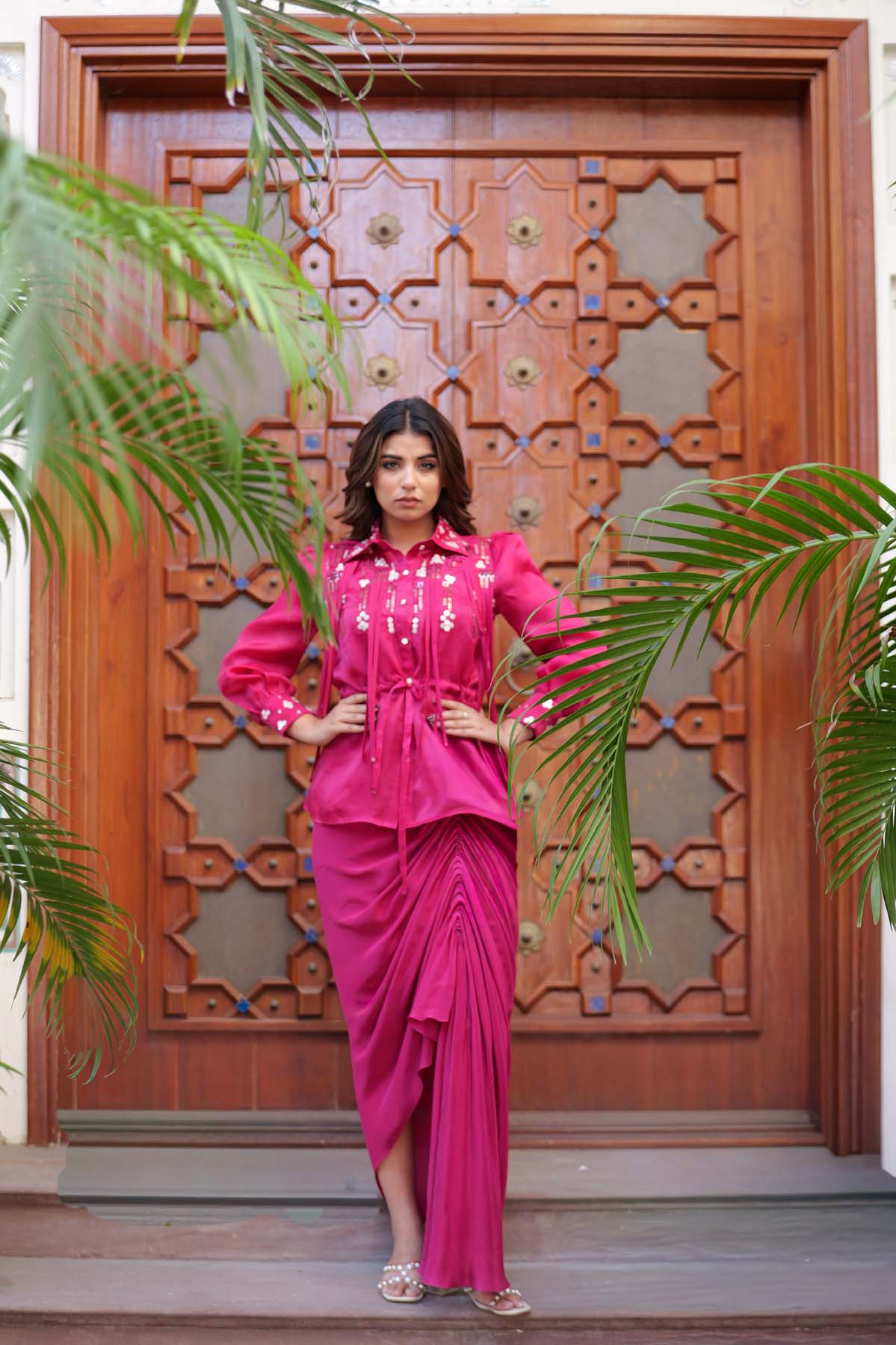 Magenta Draped skirt Set