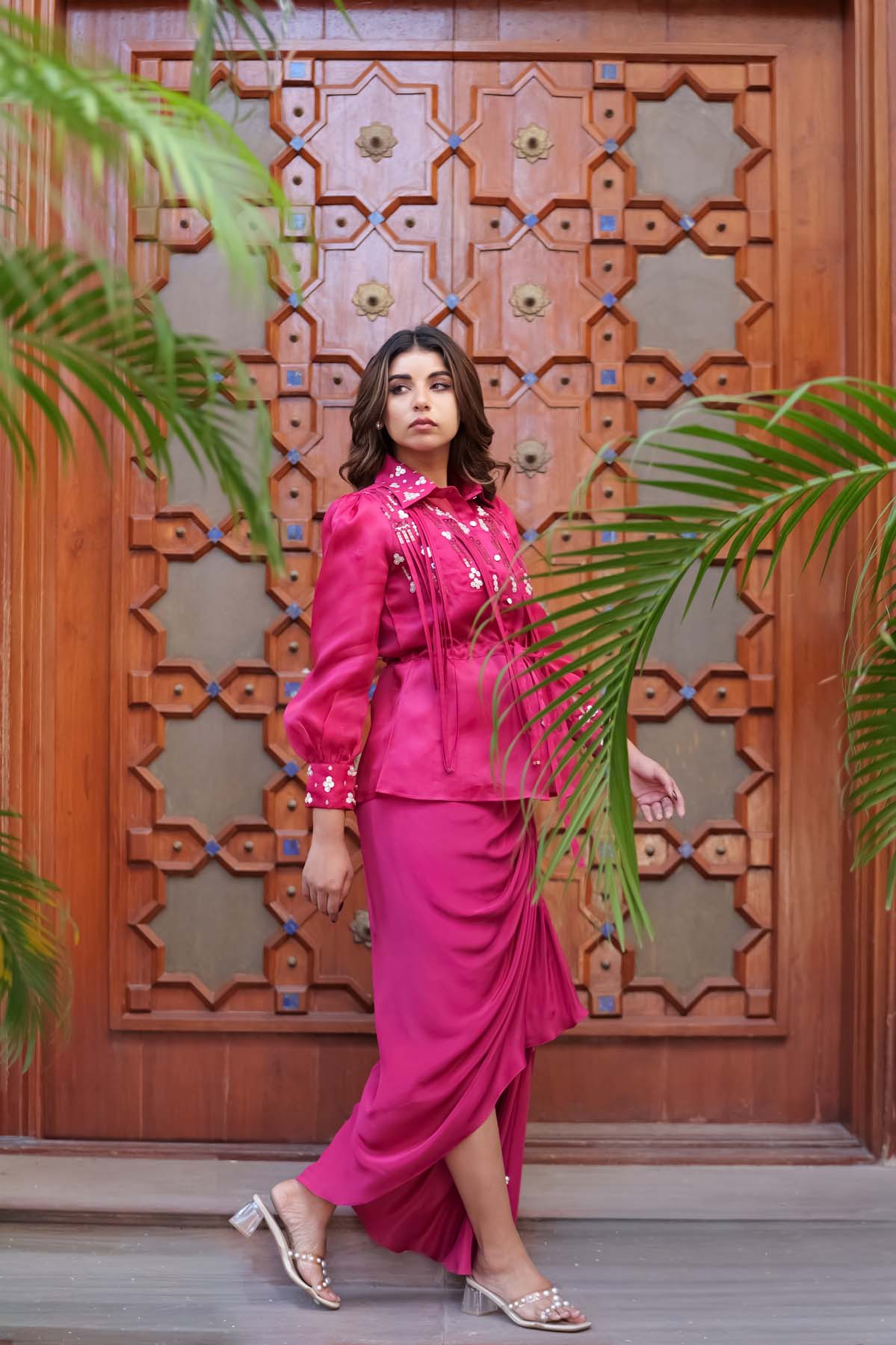 Magenta Draped skirt Set