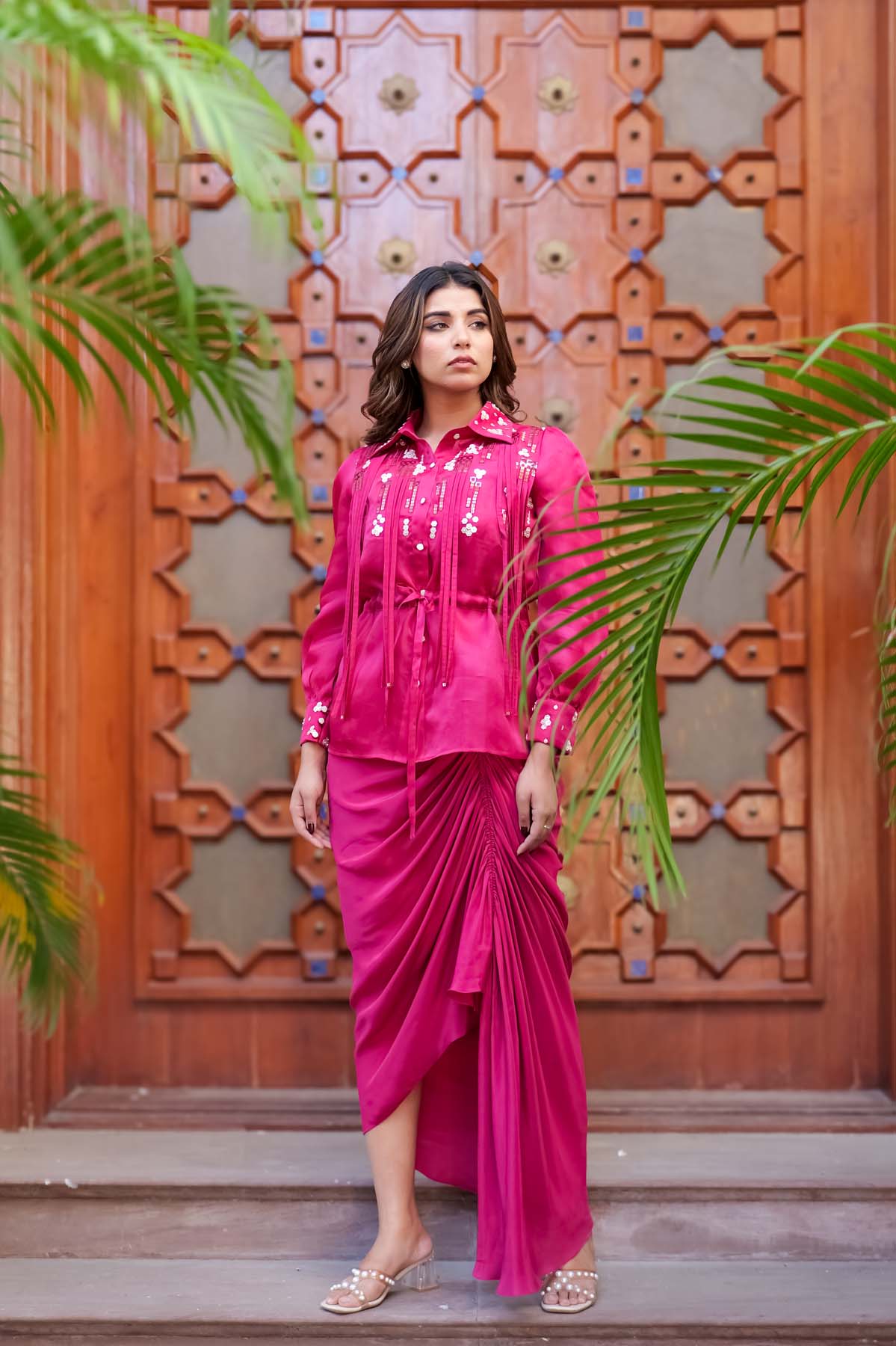 Magenta Draped skirt Set