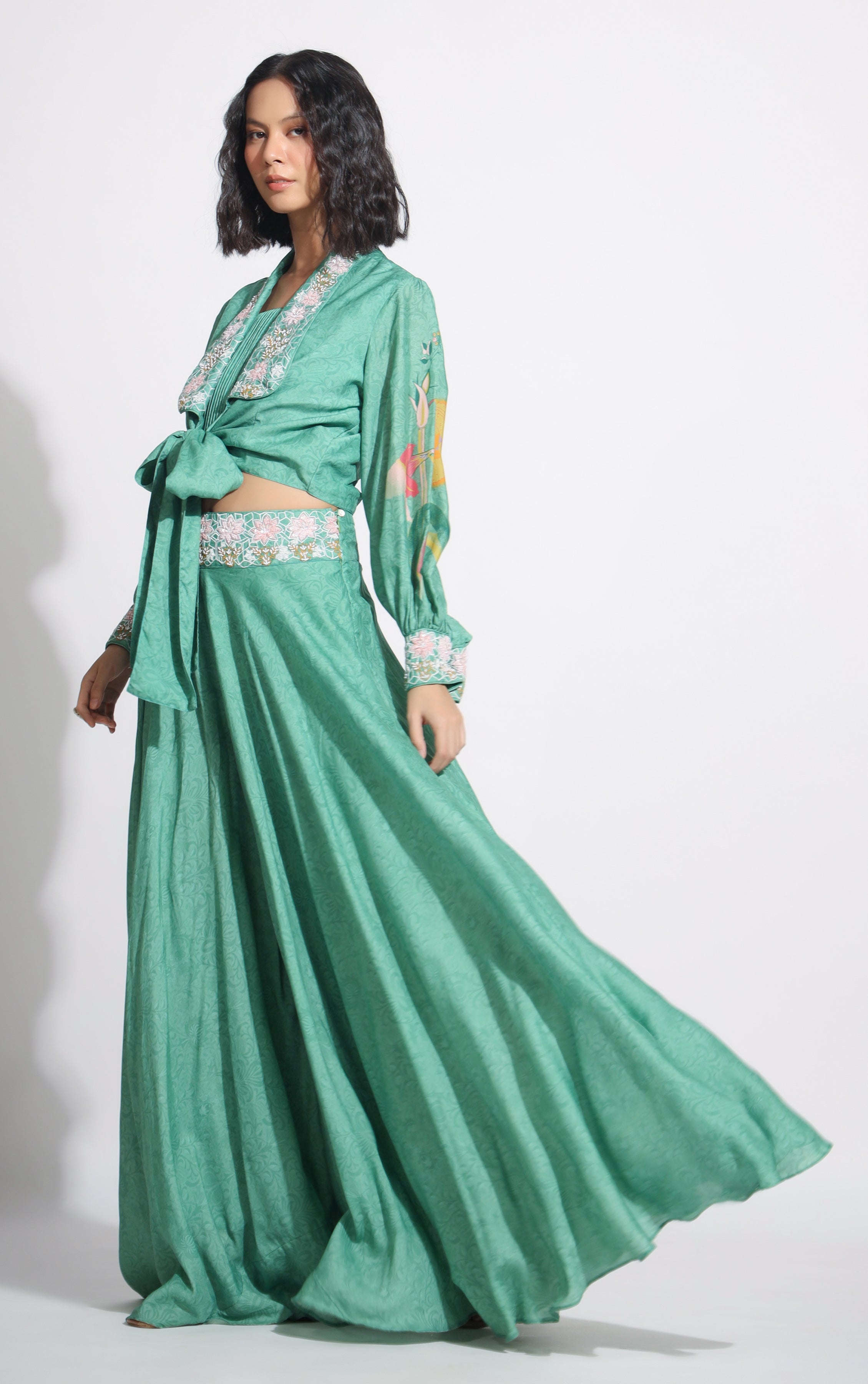 Green floral printed shirt sharara set
