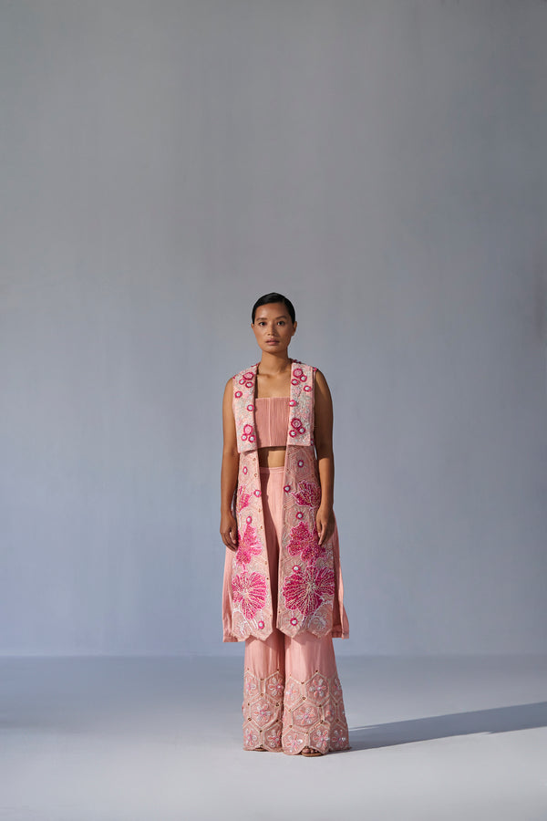 Peach collared jacket with crop top and bell bottoms