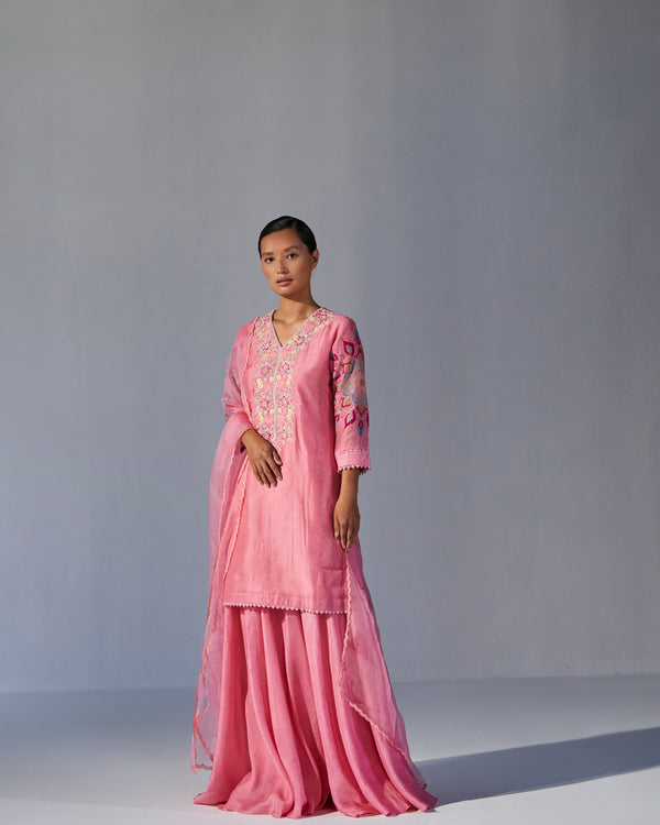 Blush pink placement printed top, sharara and dupatta set