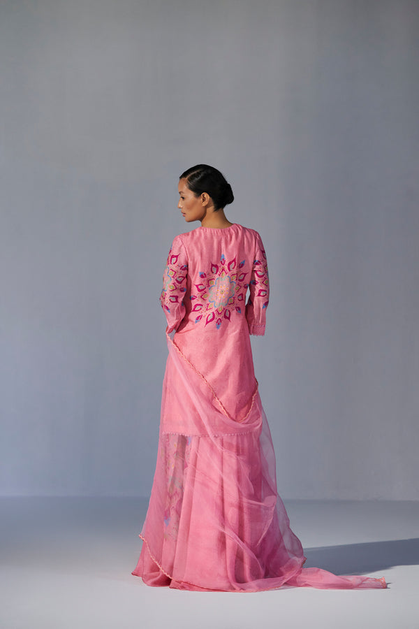 Blush pink placement printed top, sharara and dupatta set