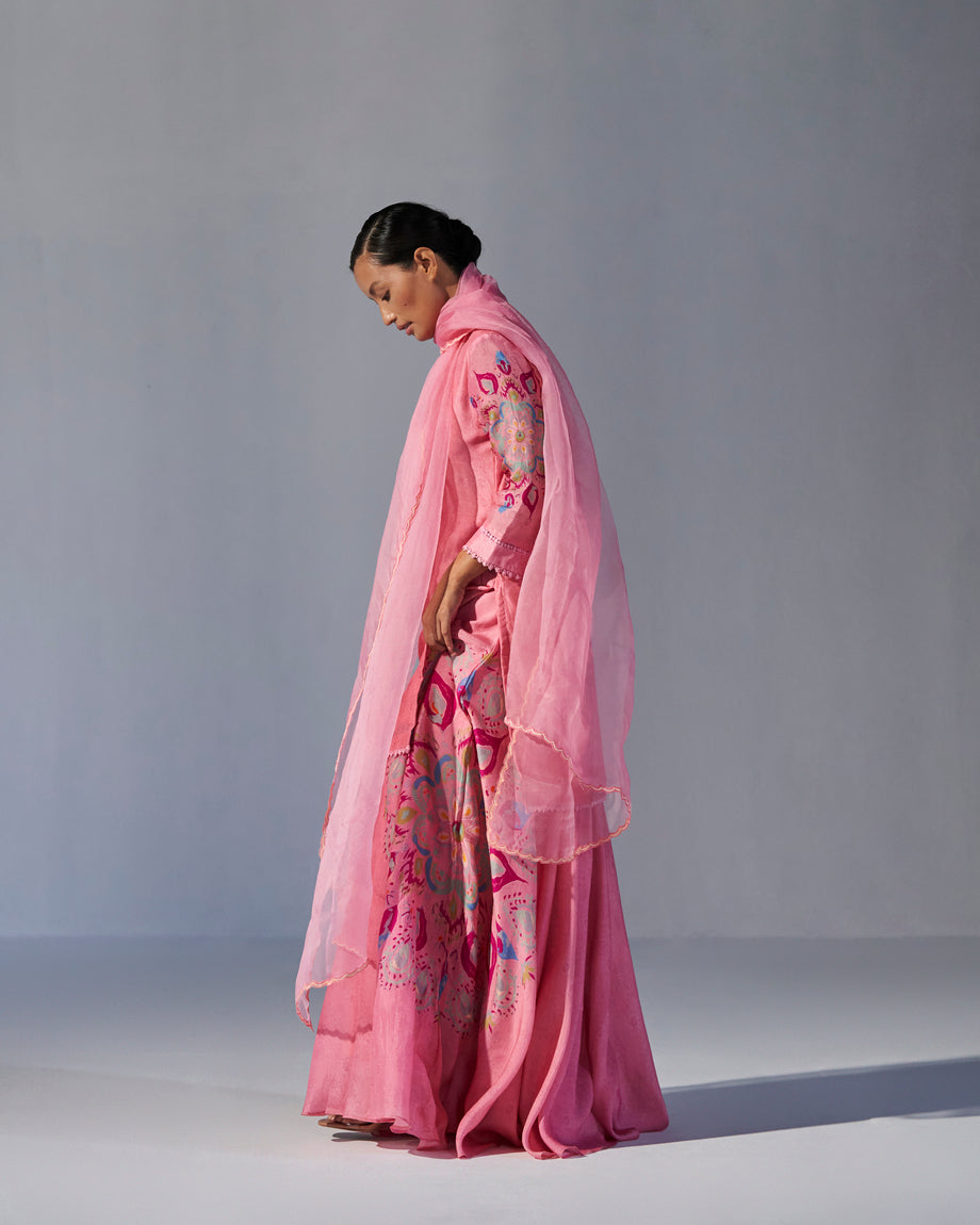 Blush pink placement printed top, sharara and dupatta set