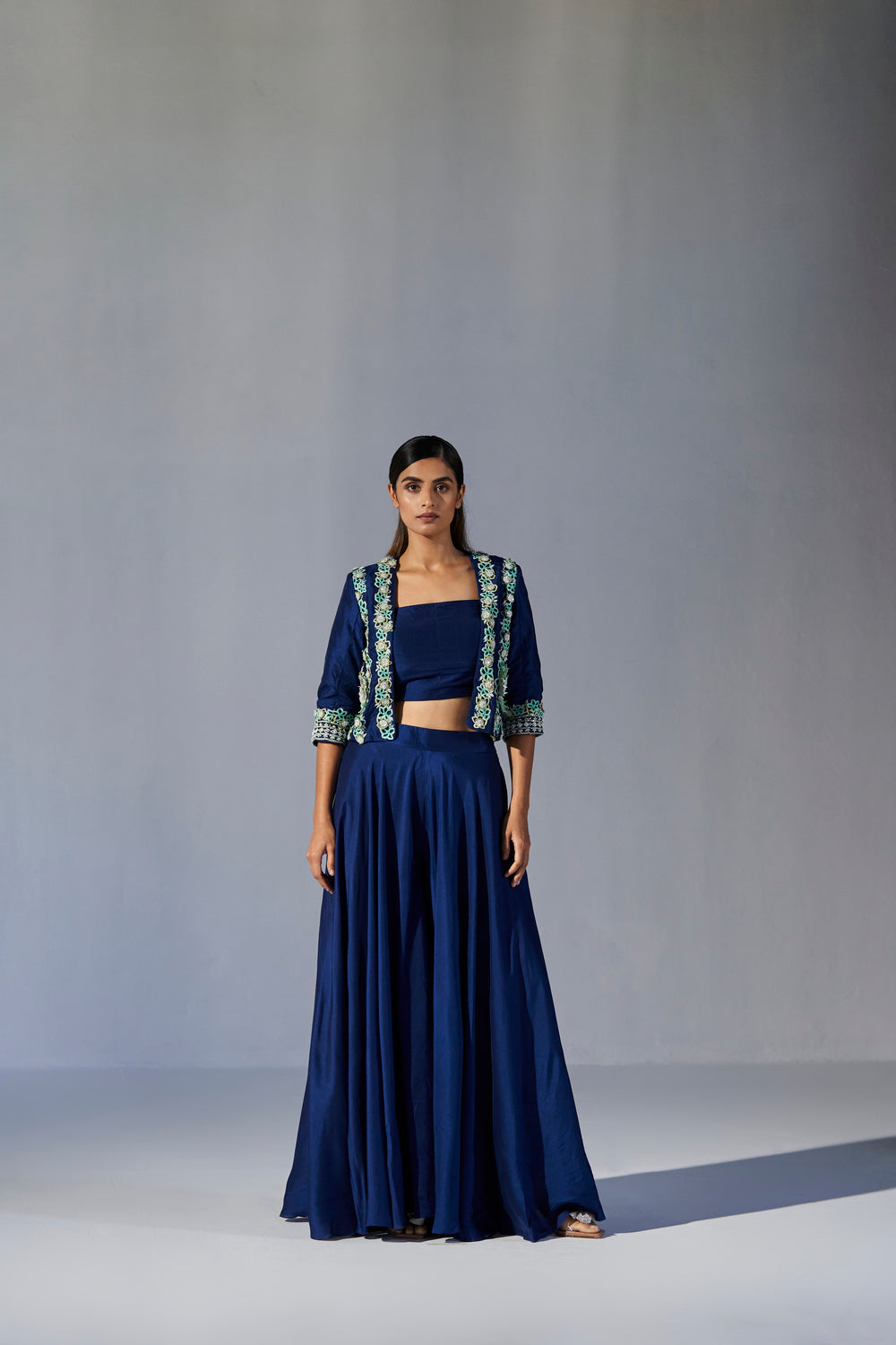 Midnight blue Short Jacket with Crop Top and Pants