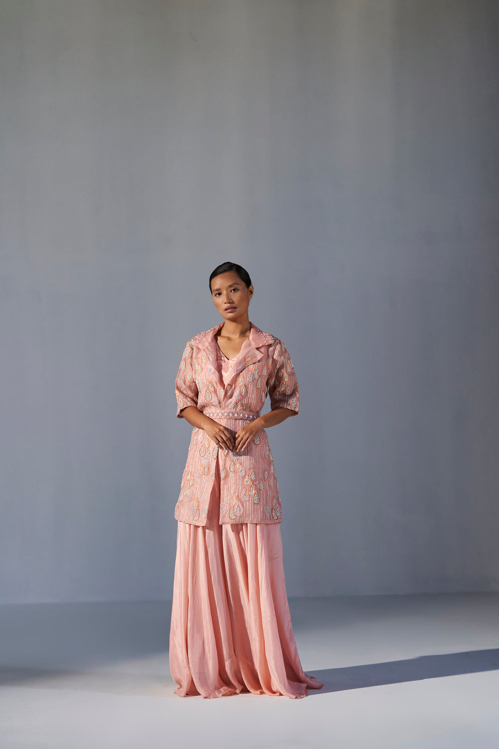 Peach organza embroidered jacket with belt, bustier and sharara