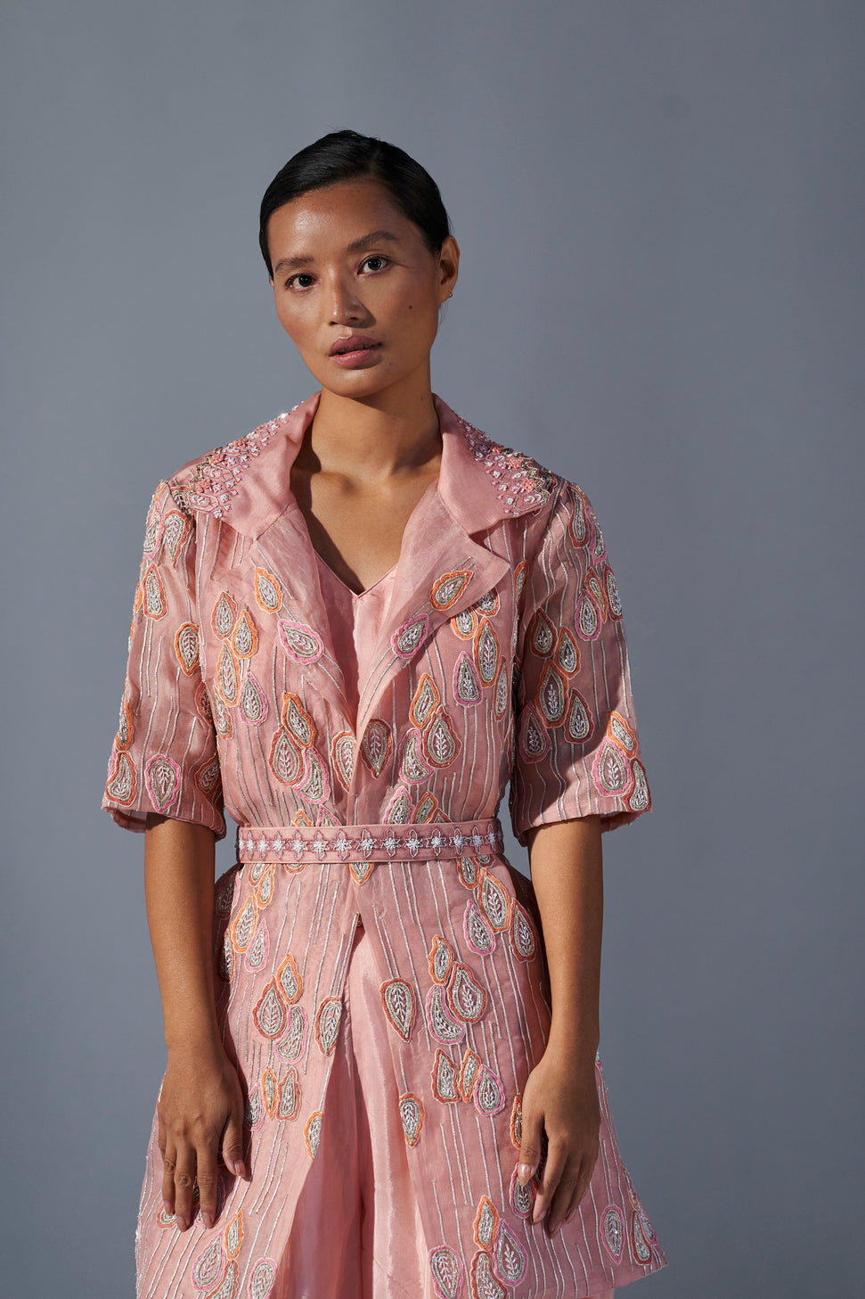 Peach organza embroidered jacket with belt, bustier and sharara