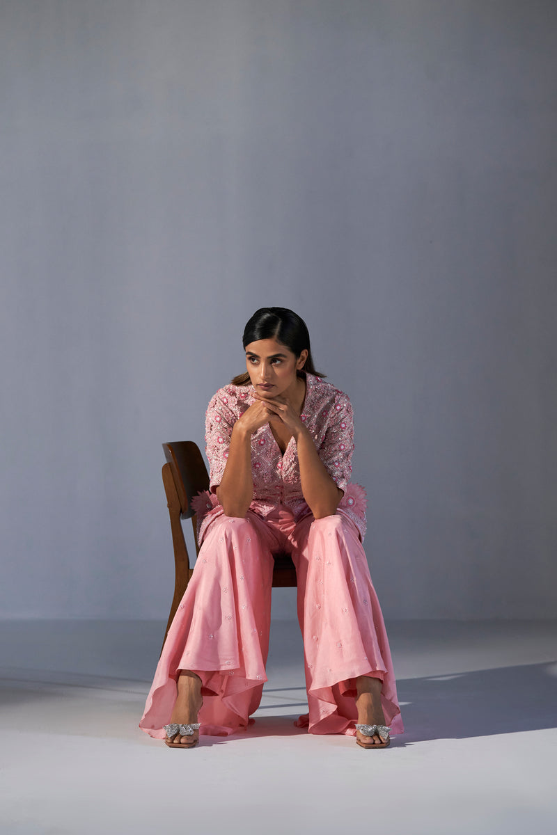 Blush Pink peplum top with sharara and organza dupatta
