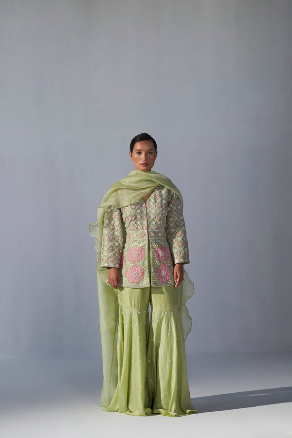 Pista Green peplum top with sharara and organza dupatta