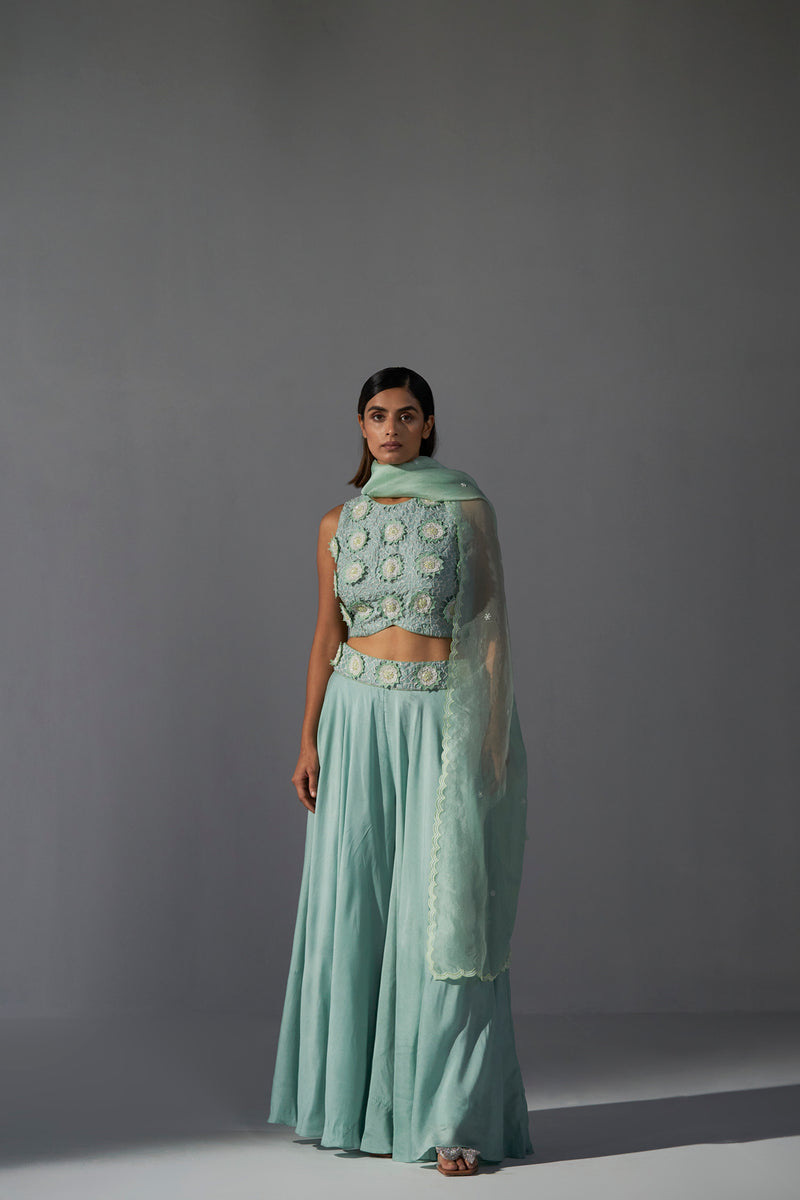 Aqua crop-top, palazzo and pista green dupatta set