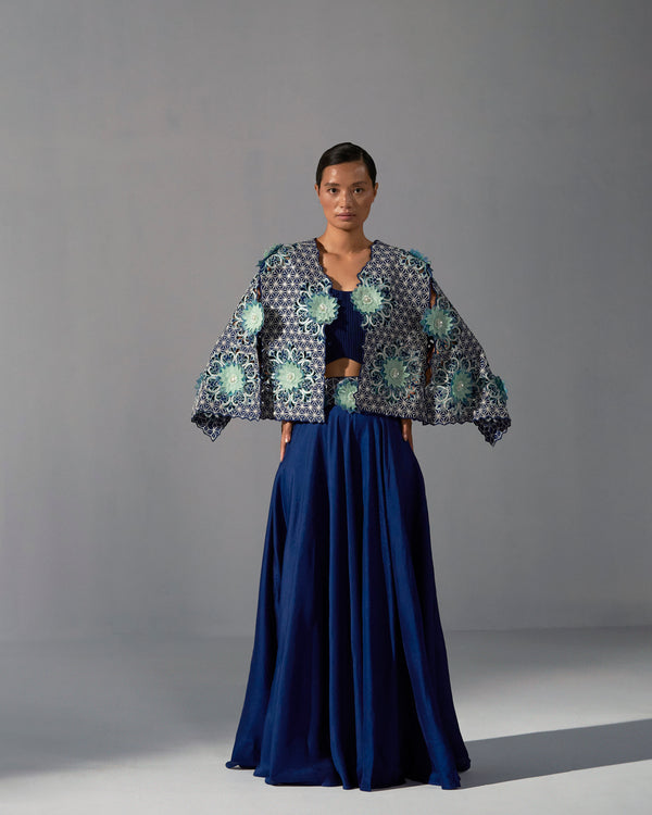Midnight Blue Jacket with crop top and flared palazzo