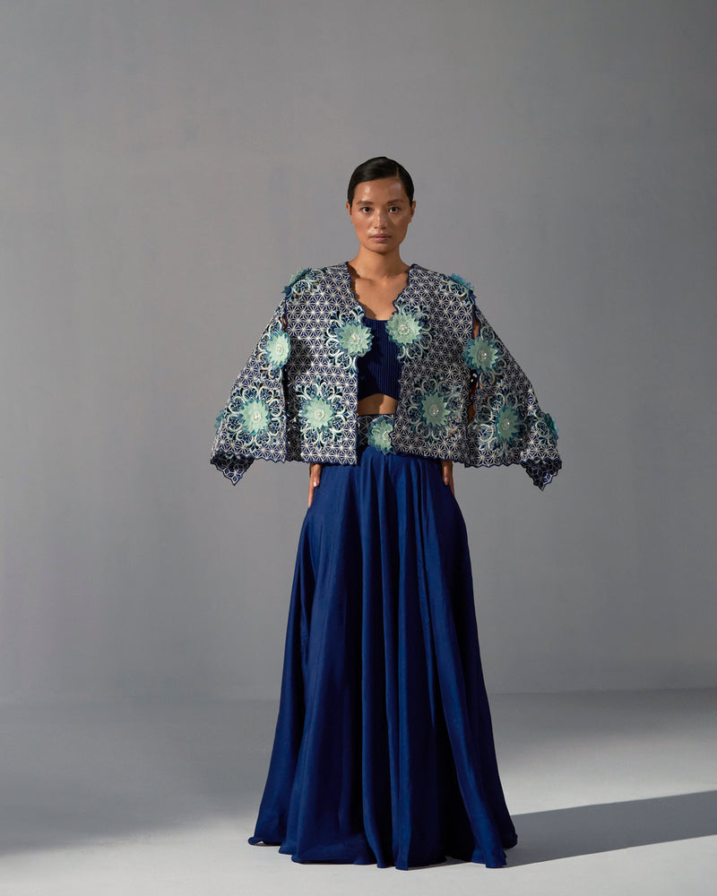Midnight Blue Jacket with crop top and flared palazzo