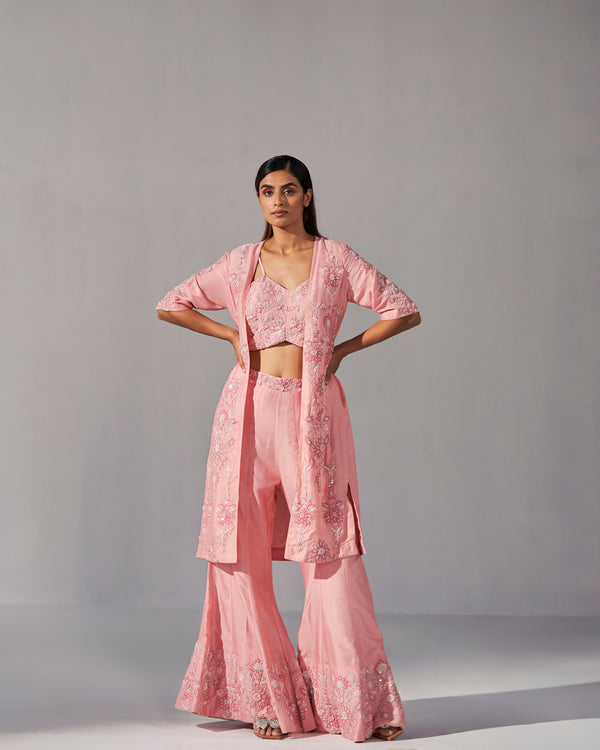 Pink embroidered jacket crop top and bell bottom