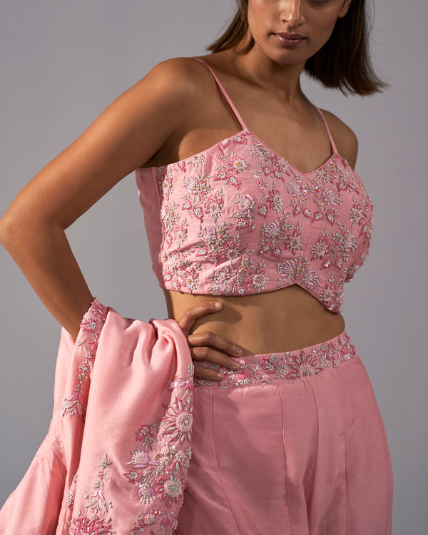 Pink embroidered jacket crop top and bell bottom