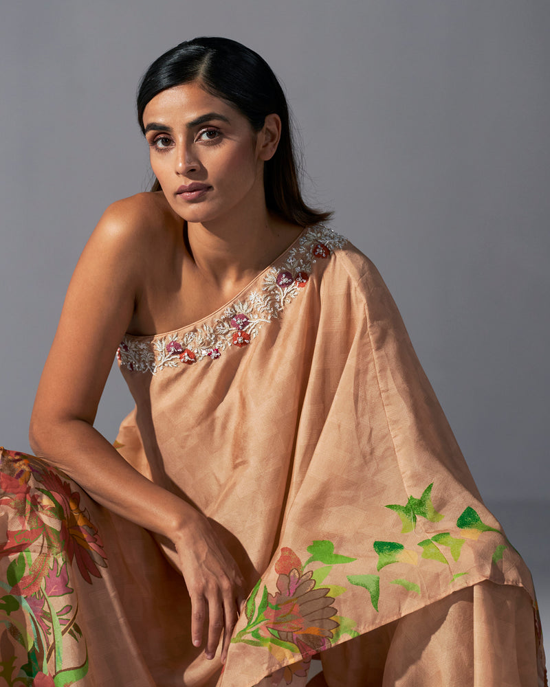 Beige floral printed one shoulder asymmetric top with sharara