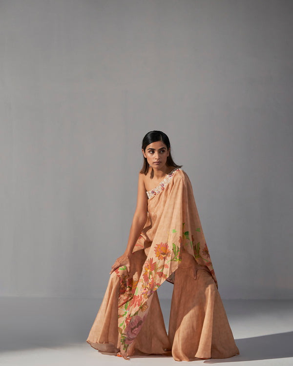 Beige floral printed one shoulder asymmetric top with sharara