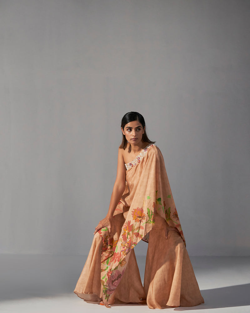 Beige floral printed one shoulder asymmetric top with sharara