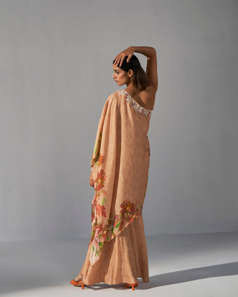 Beige floral printed one shoulder asymmetric top with sharara
