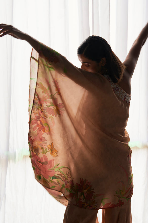Beige floral printed one shoulder asymmetric top with sharara