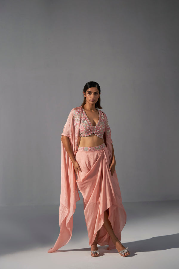 Silk peach embroidered blouse draped skirt and cape set