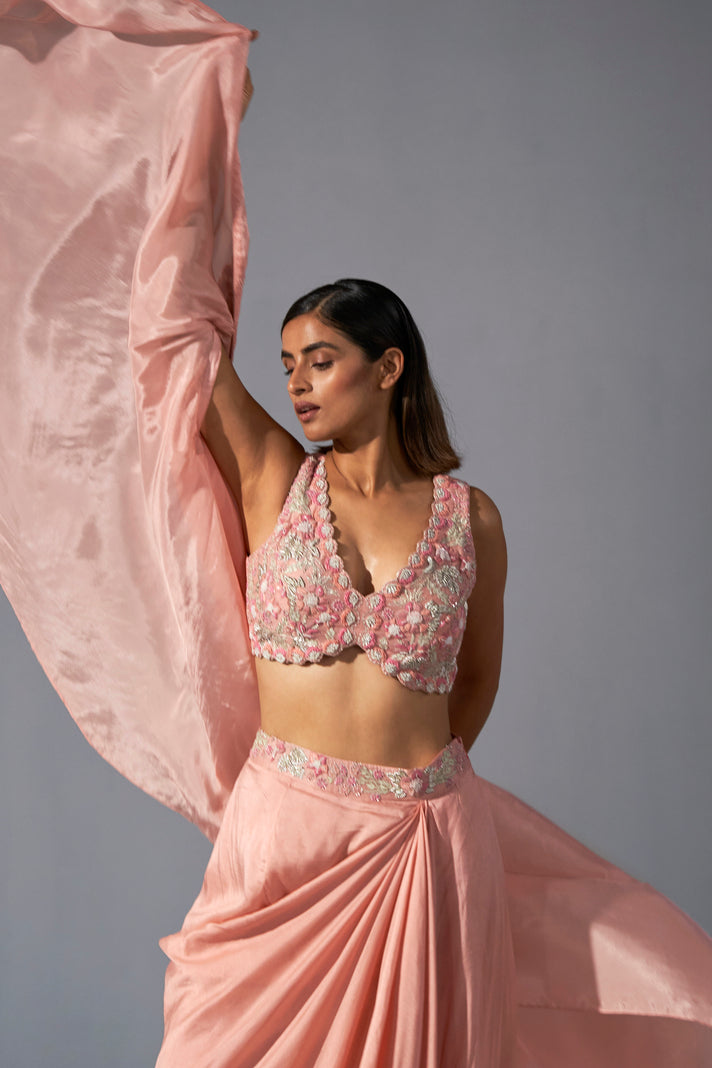 Silk peach embroidered blouse draped skirt and cape set